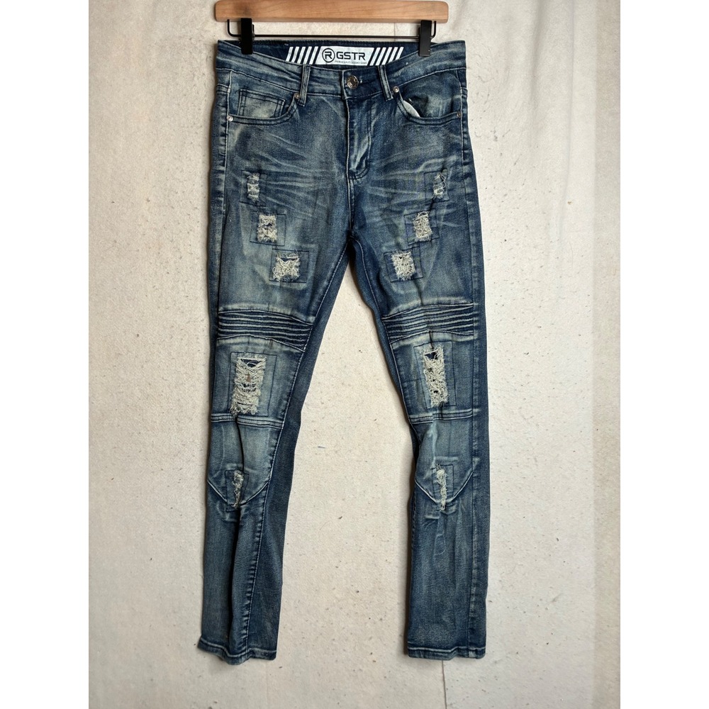 RGSTR Mens Distressed Moto Biker Jeans Blue Denim Ribbed Knee Slim Fit Size 30